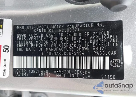 2024 Toyota Camry Hybrid Le из США, поврежденный, VIN 4T1H31AK0RU079154